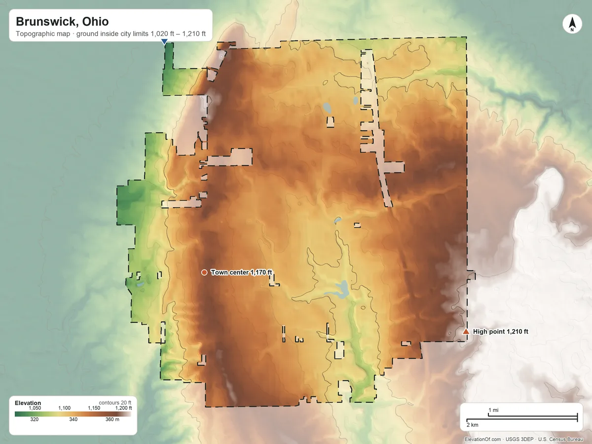 Topographic elevation map of Brunswick, Ohio, shaded from 1,020 ft on the north side to 1,210 ft on the east side