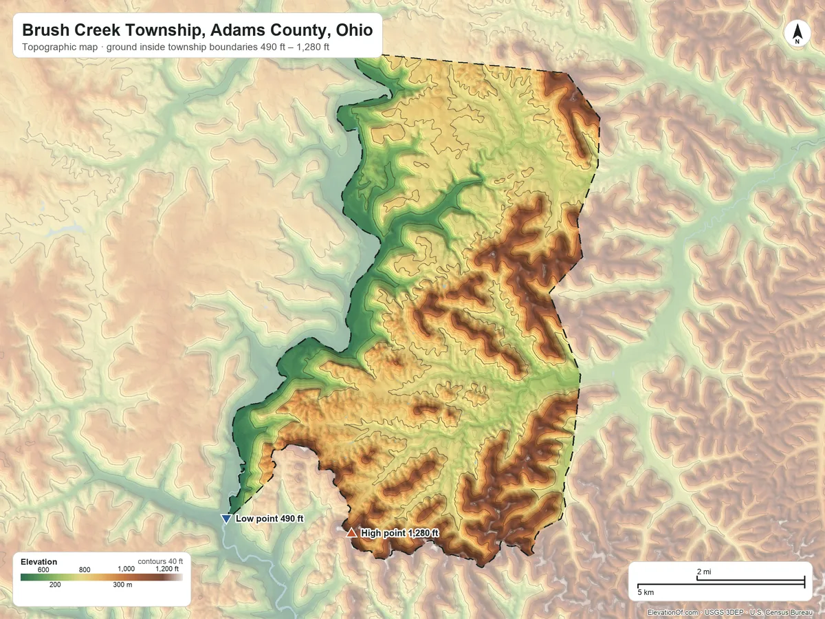 Topographic elevation map of Brush Creek Township, Adams County, Ohio, shaded from 490 ft on the southwest side to 1,280 ft on the south side