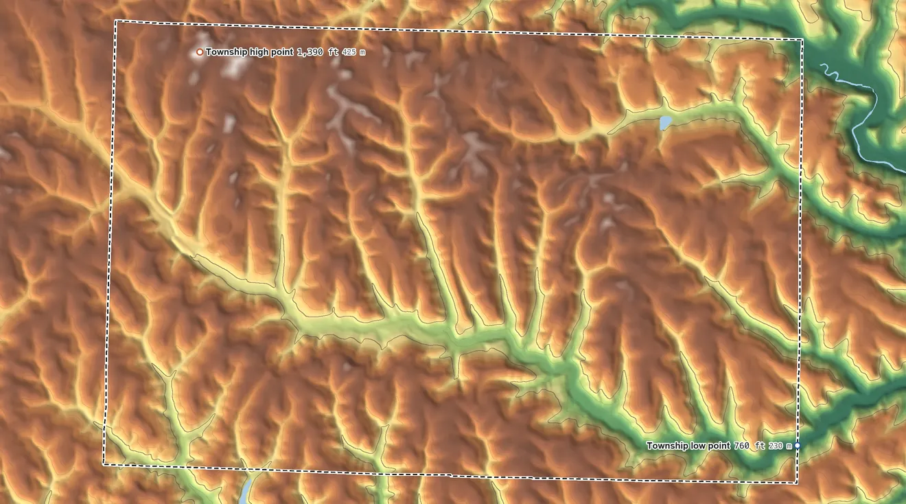 Topographic elevation map of Brush Creek Township, Jefferson County, Ohio, shaded from 760 ft on the southeast side to 1,390 ft on the northwest side