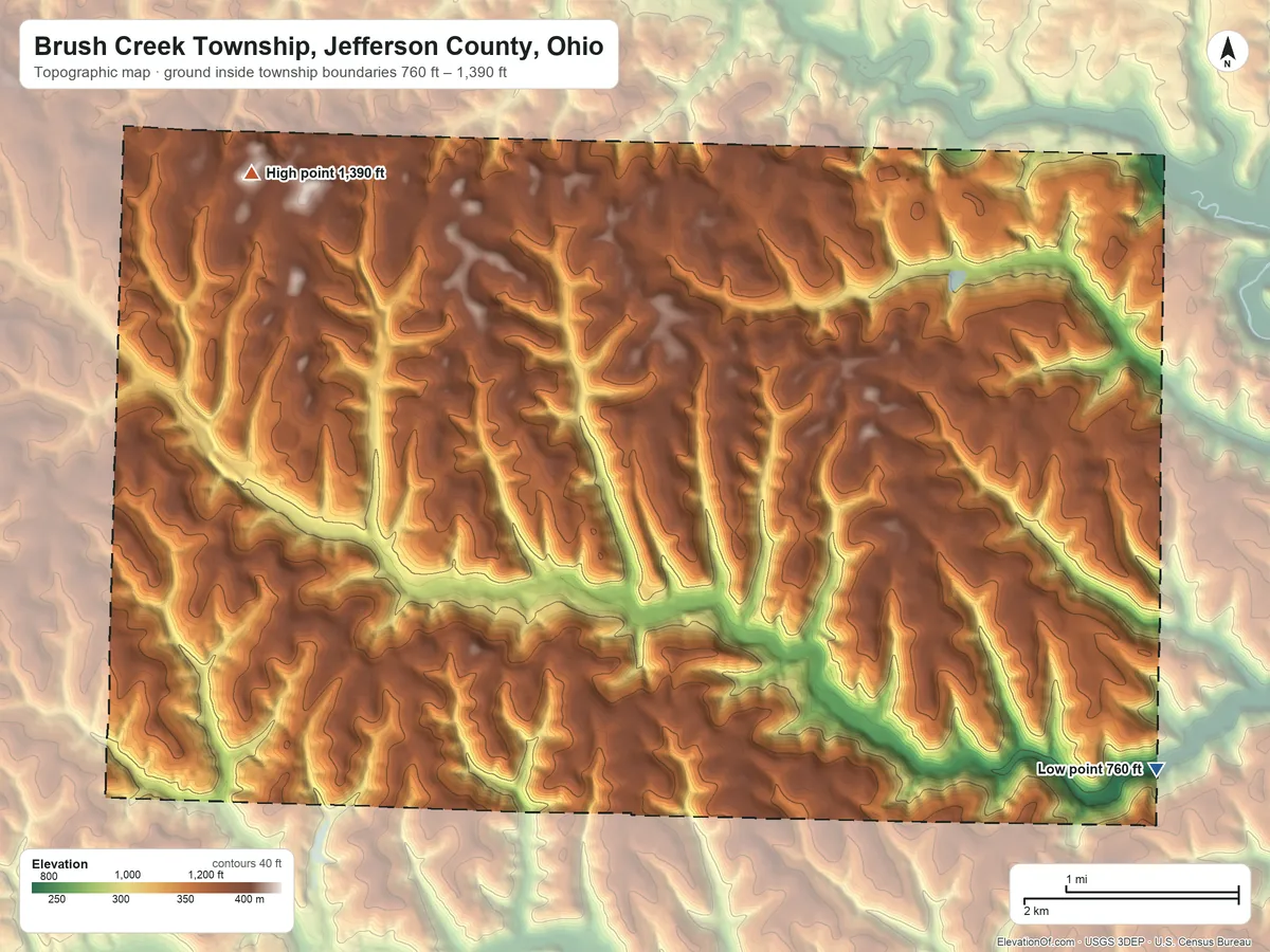 Topographic elevation map of Brush Creek Township, Jefferson County, Ohio, shaded from 760 ft on the southeast side to 1,390 ft on the northwest side
