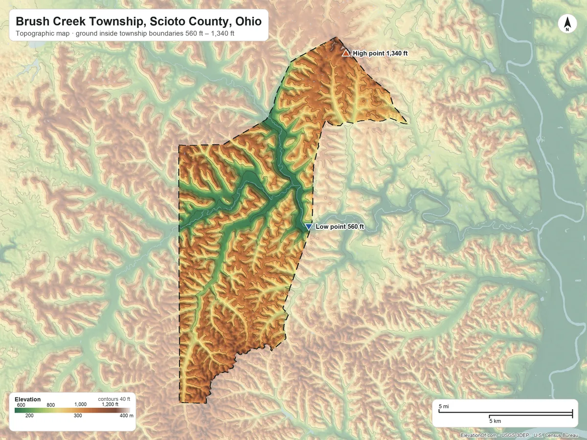 Topographic elevation map of Brush Creek Township, Scioto County, Ohio, shaded from 560 ft on the east side to 1,340 ft on the northeast side