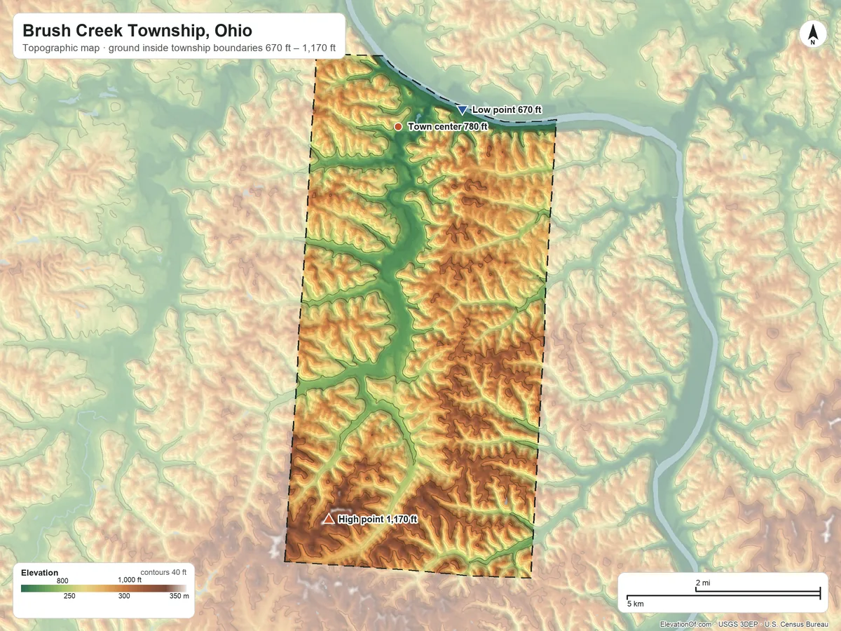 Topographic elevation map of Brush Creek Township, Ohio, shaded from 670 ft on the east side to 1,170 ft on the south side