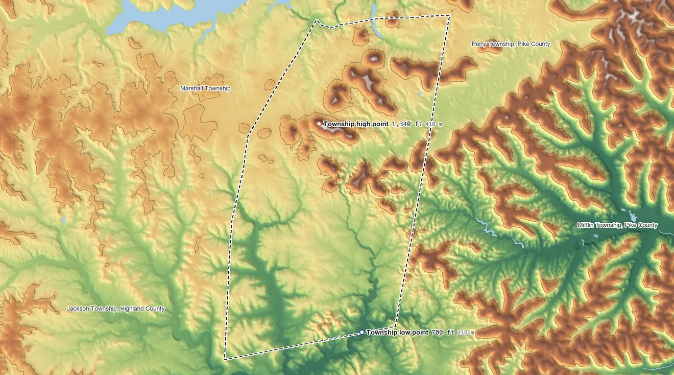Topographic elevation map of Brushcreek Township, Ohio, shaded from 700 ft on the south side to 1,340 ft on the north side
