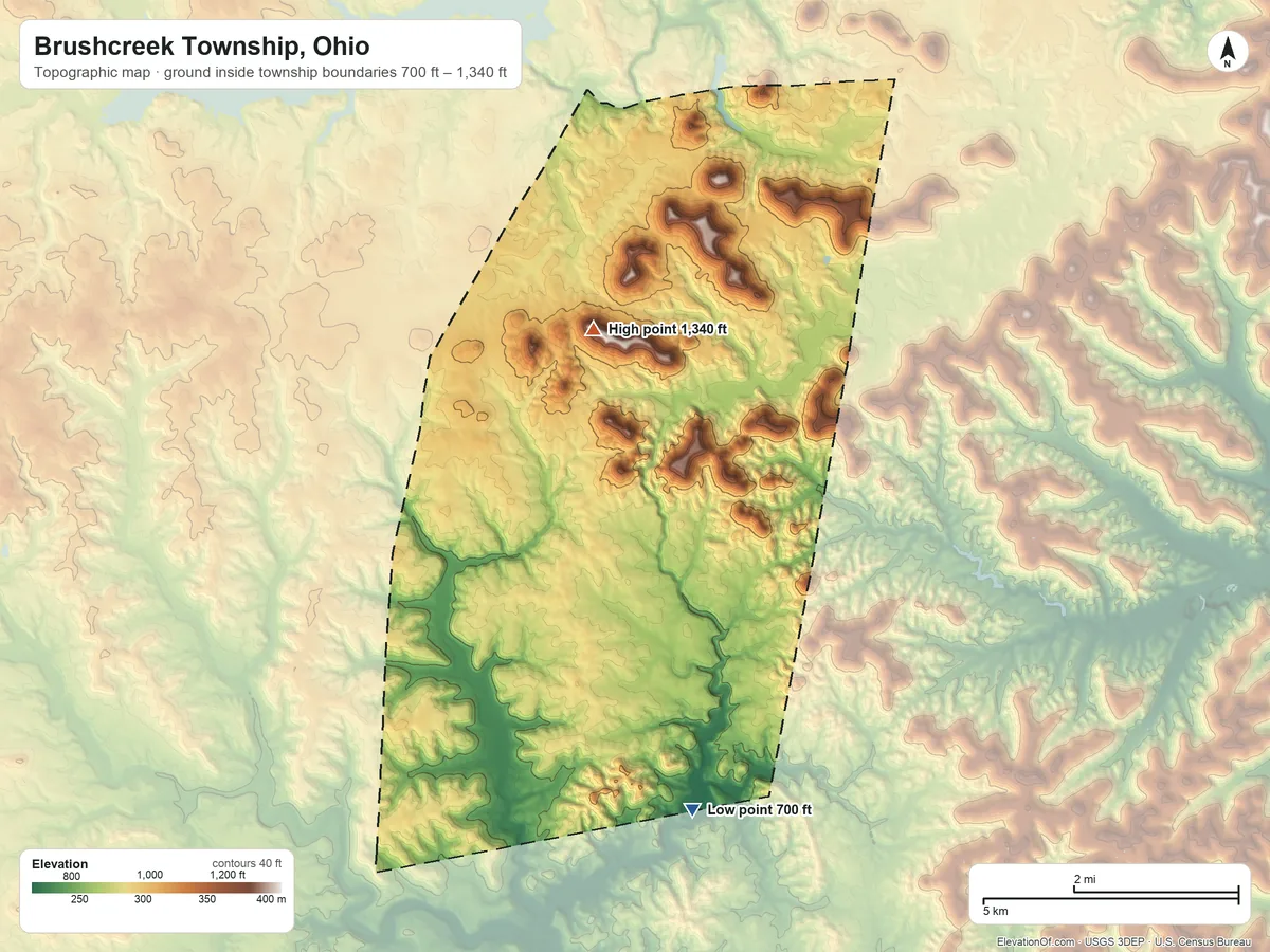 Topographic elevation map of Brushcreek Township, Ohio, shaded from 700 ft on the south side to 1,340 ft on the north side