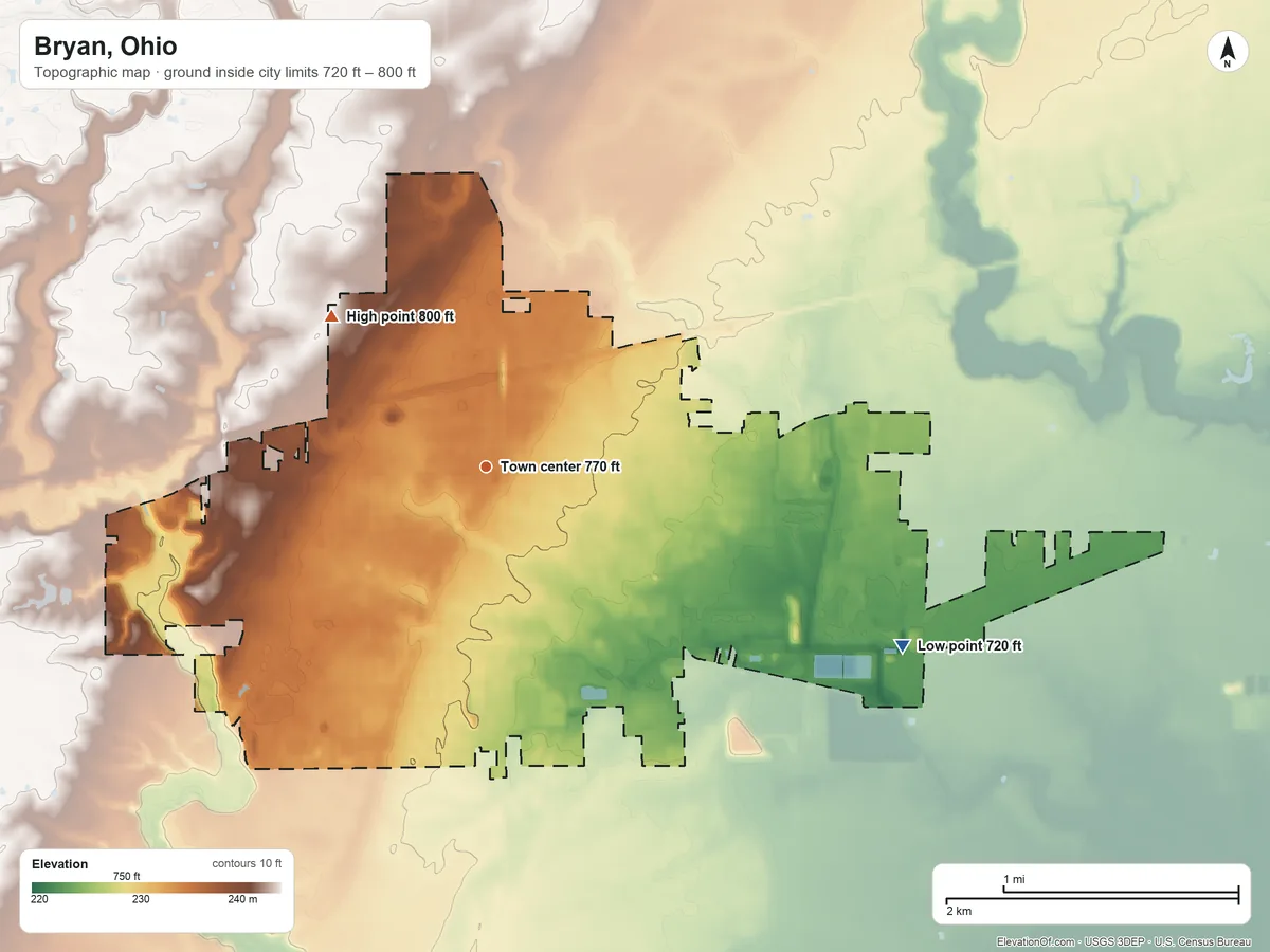Topographic elevation map of Bryan, Ohio, shaded from 720 ft on the southeast side to 800 ft on the northwest side