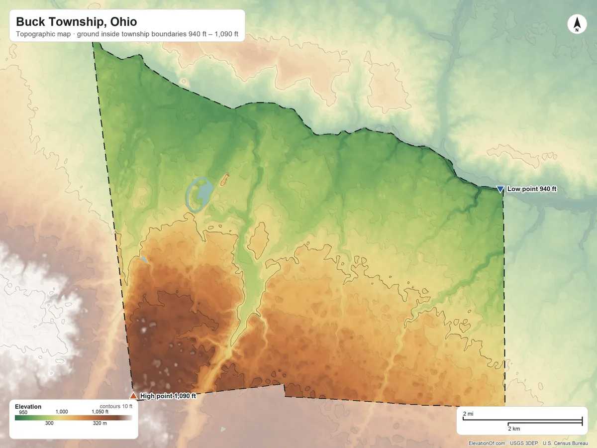 Topographic elevation map of Buck Township, Ohio, shaded from 940 ft on the east side to 1,090 ft on the southwest side