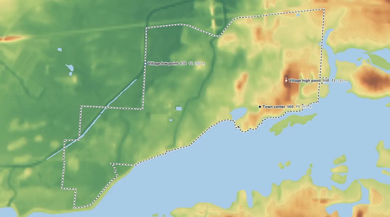 Topographic elevation map of Buckeye Lake, Ohio, shaded from 870 ft on the west side to 940 ft on the northeast side
