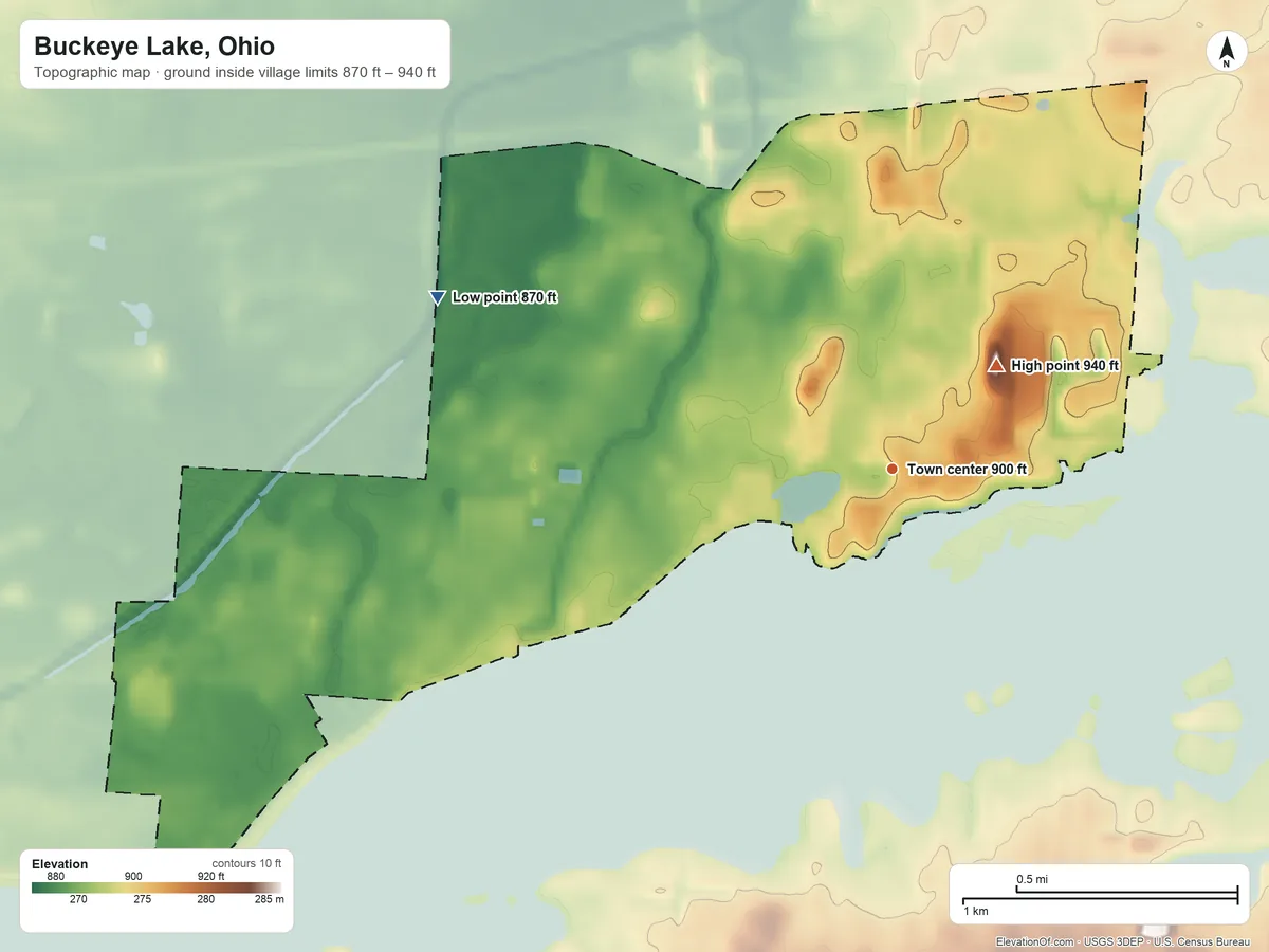 Topographic elevation map of Buckeye Lake, Ohio, shaded from 870 ft on the west side to 940 ft on the northeast side