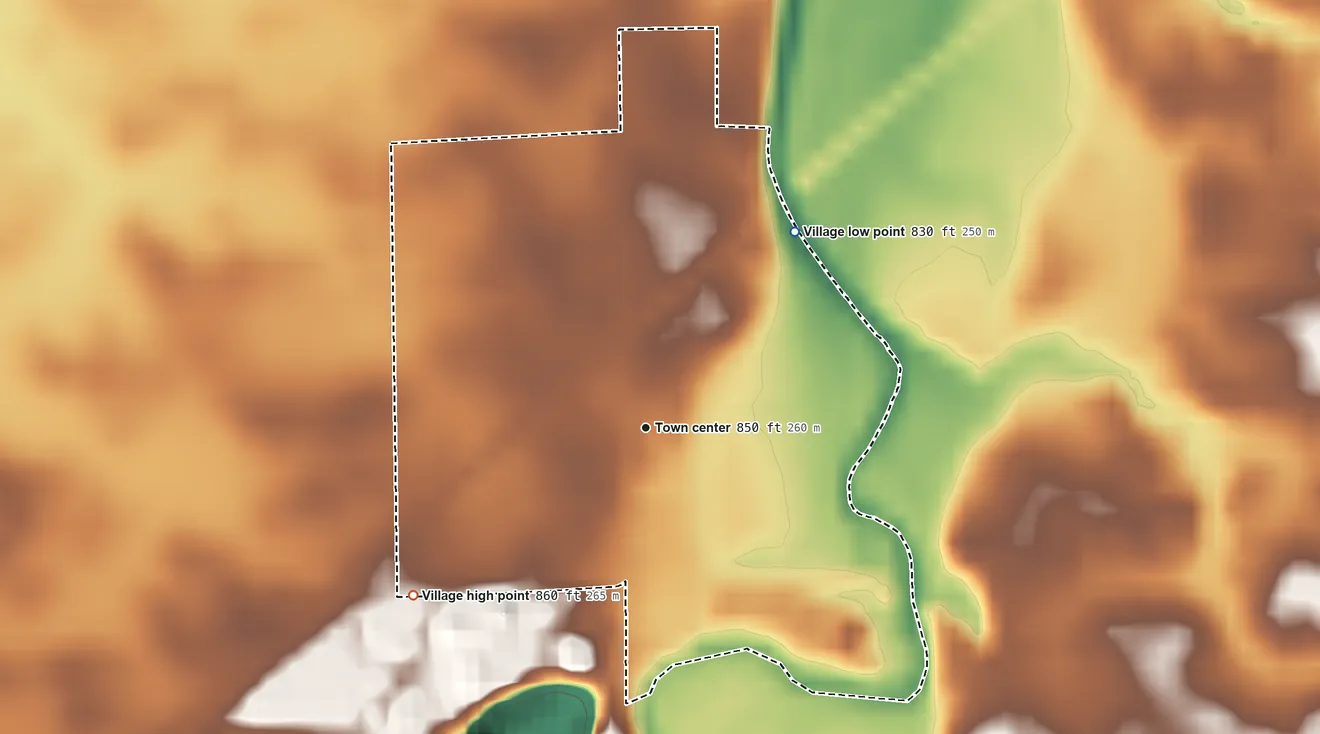 Topographic elevation map of Buckland, Ohio, shaded from 830 ft on the northeast side to 860 ft on the southwest side
