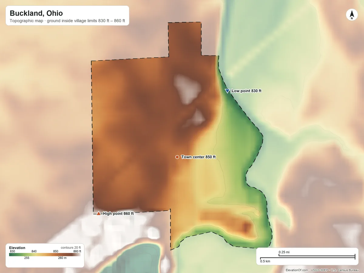 Topographic elevation map of Buckland, Ohio, shaded from 830 ft on the northeast side to 860 ft on the southwest side