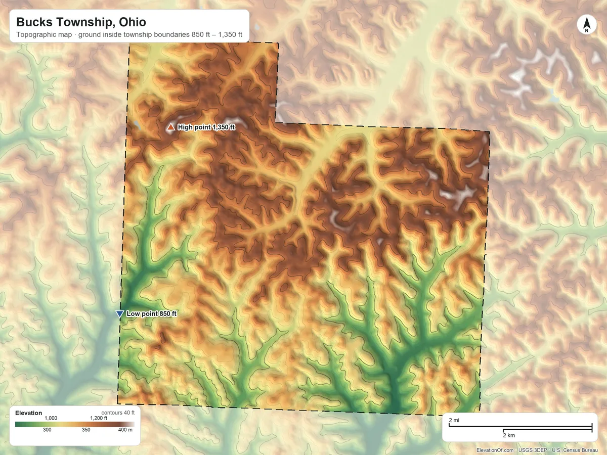 Topographic elevation map of Bucks Township, Ohio, shaded from 850 ft on the southwest side to 1,350 ft on the west side