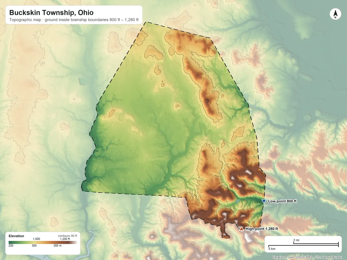 Topographic elevation map of Buckskin Township, Ohio, shaded from 800 ft on the southeast side to 1,280 ft on the southeast side