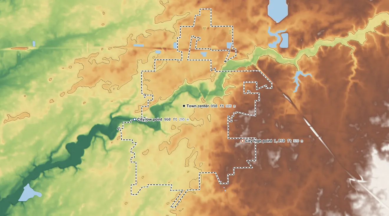 Topographic elevation map of Bucyrus, Ohio, shaded from 960 ft on the west side to 1,050 ft on the southeast side