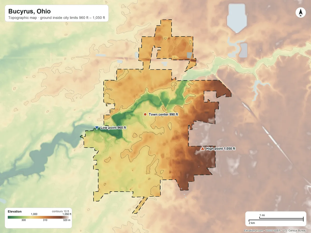 Topographic elevation map of Bucyrus, Ohio, shaded from 960 ft on the west side to 1,050 ft on the southeast side