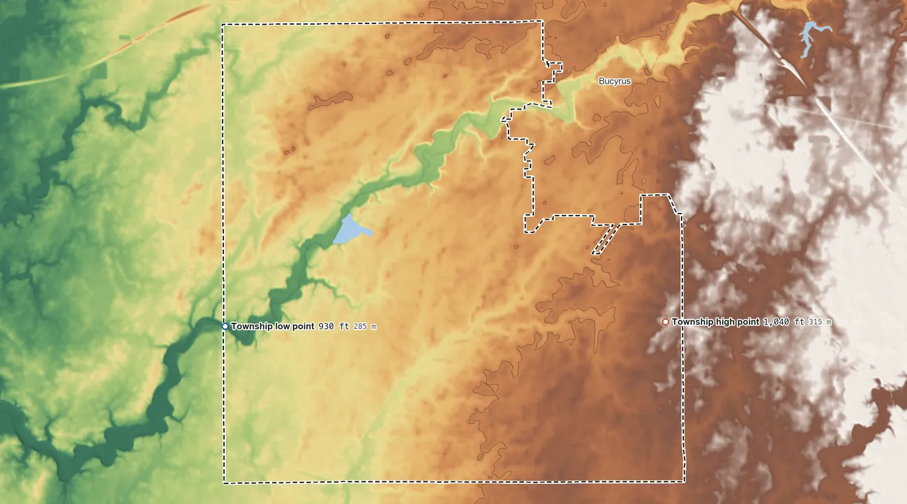 Topographic elevation map of Bucyrus Township, Ohio, shaded from 930 ft on the southwest side to 1,040 ft on the east side