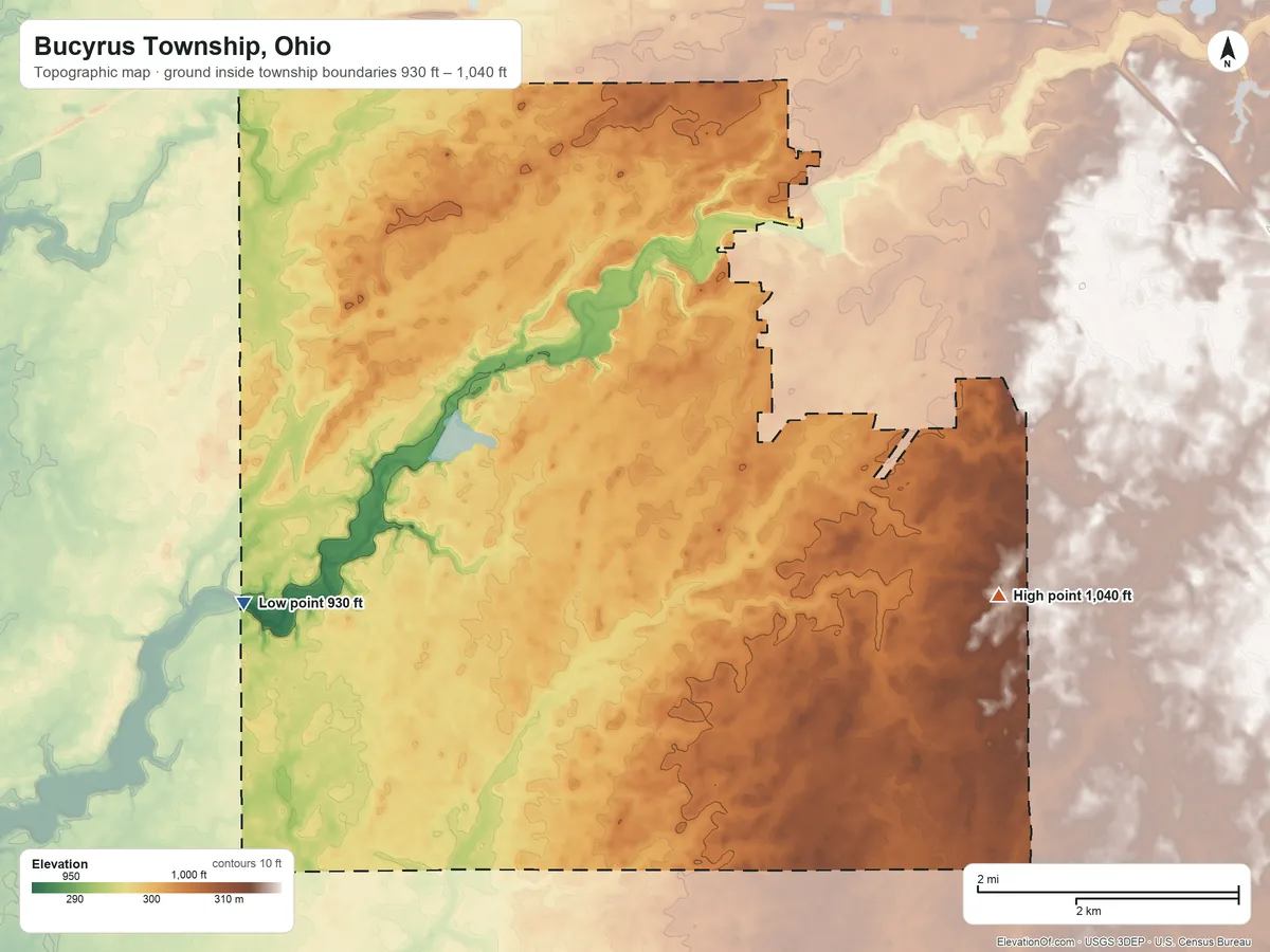 Topographic elevation map of Bucyrus Township, Ohio, shaded from 930 ft on the southwest side to 1,040 ft on the east side