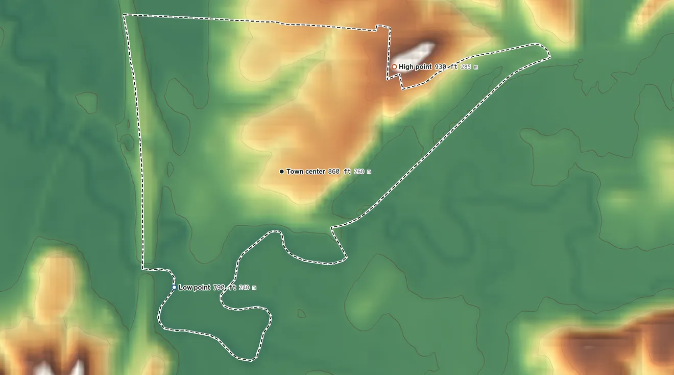 Topographic elevation map of Buffalo, Ohio, shaded from 790 ft on the southwest side to 930 ft on the northeast side