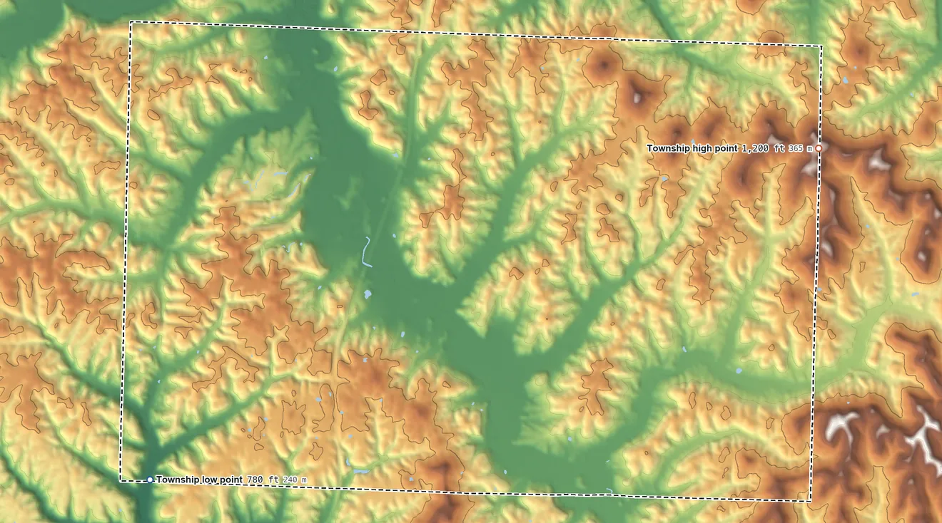Topographic elevation map of Buffalo Township, Ohio, shaded from 780 ft on the southwest side to 1,200 ft on the east side