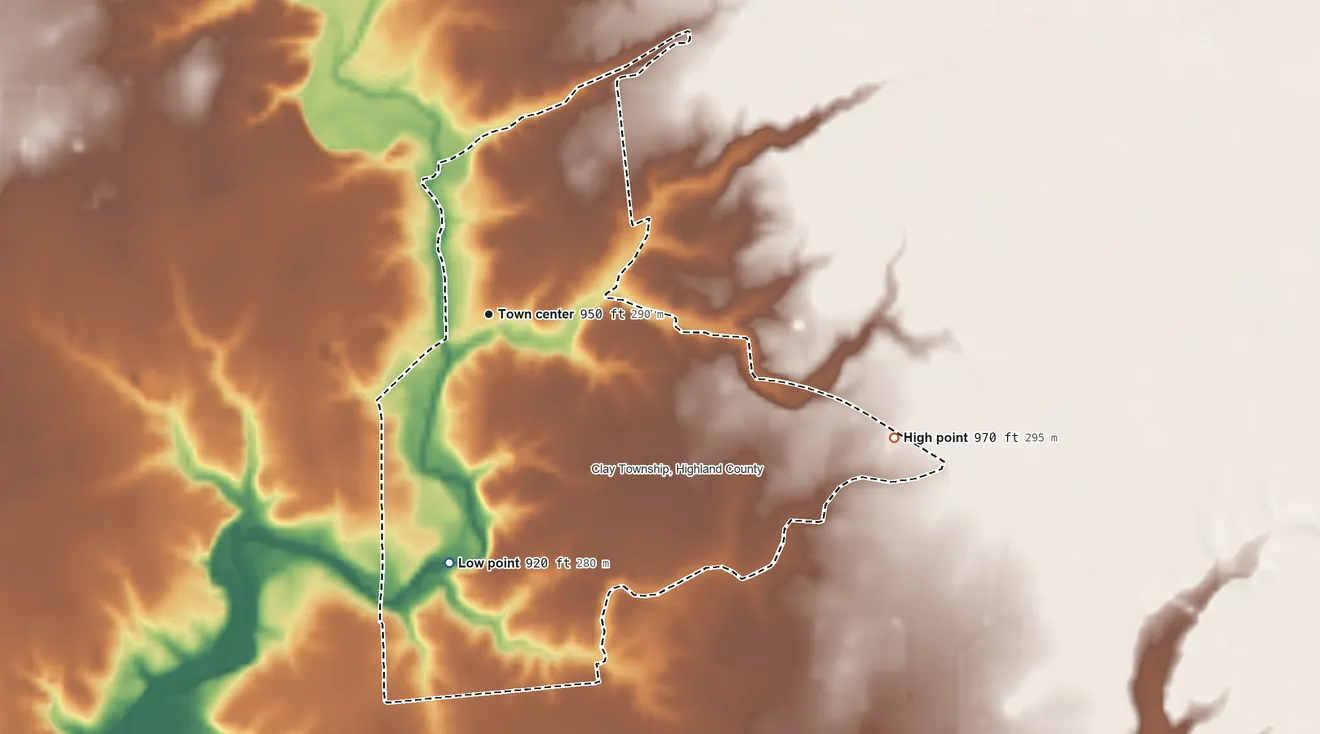 Topographic elevation map of Buford, Ohio, shaded from 920 ft on the south side to 970 ft on the east side