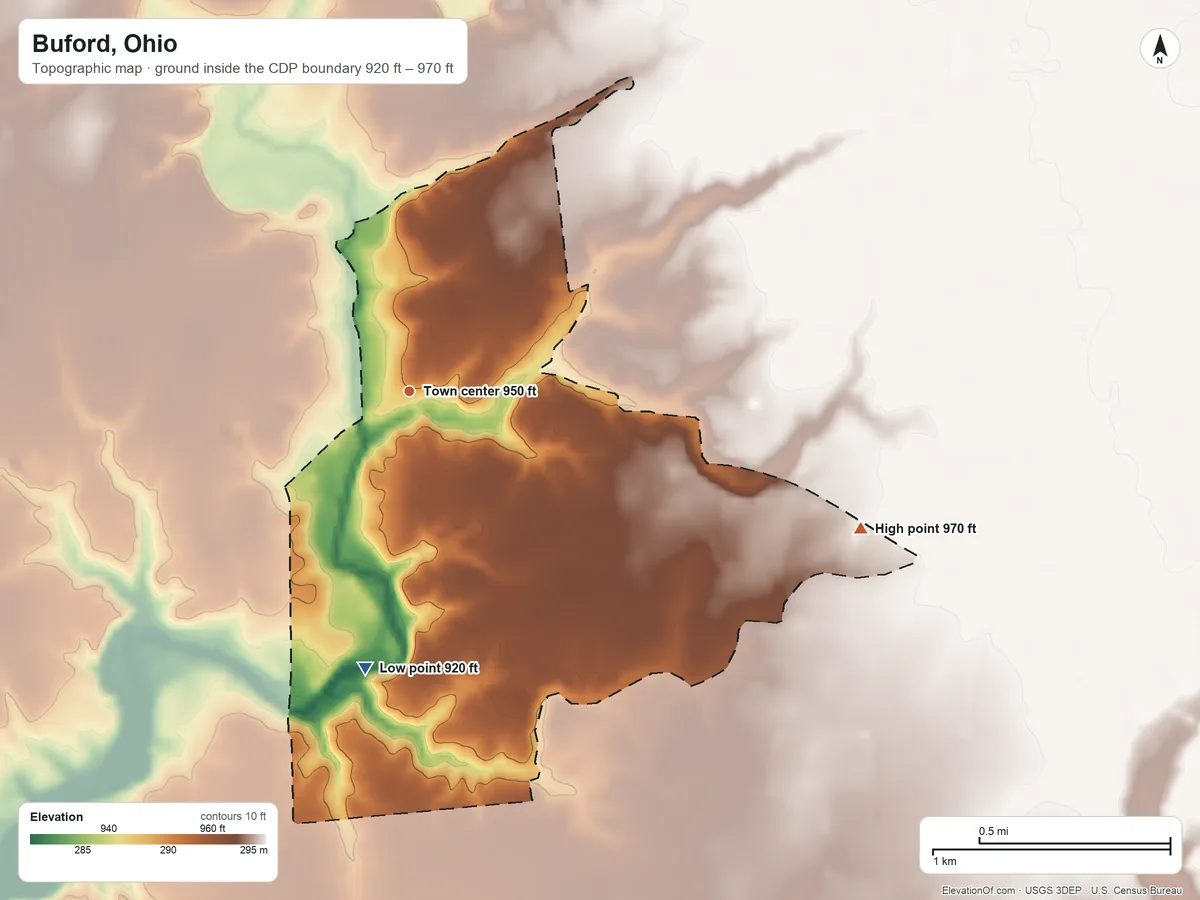 Topographic elevation map of Buford, Ohio, shaded from 920 ft on the south side to 970 ft on the east side