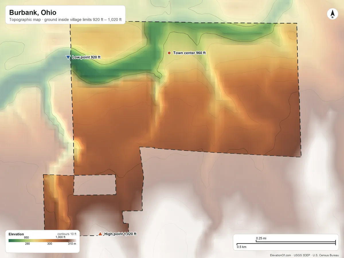 Topographic elevation map of Burbank, Ohio, shaded from 920 ft on the west side to 1,020 ft on the south side