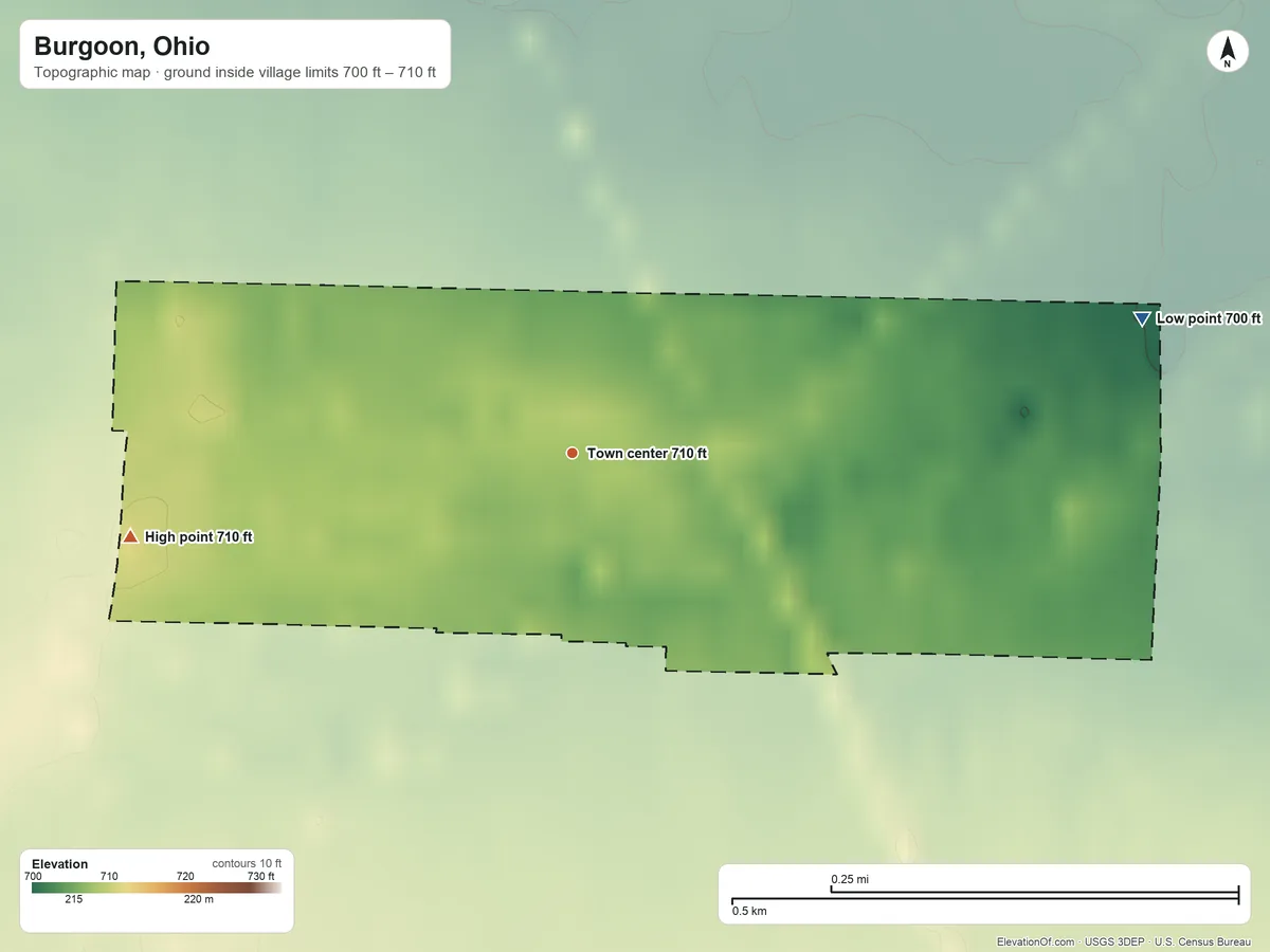 Topographic elevation map of Burgoon, Ohio, shaded from 700 ft on the east side to 710 ft on the west side