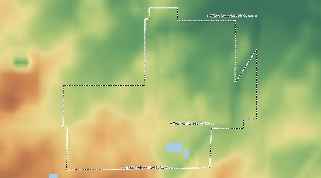 Topographic elevation map of Burkettsville, Ohio, shaded from 970 ft on the north side to 980 ft on the southwest side