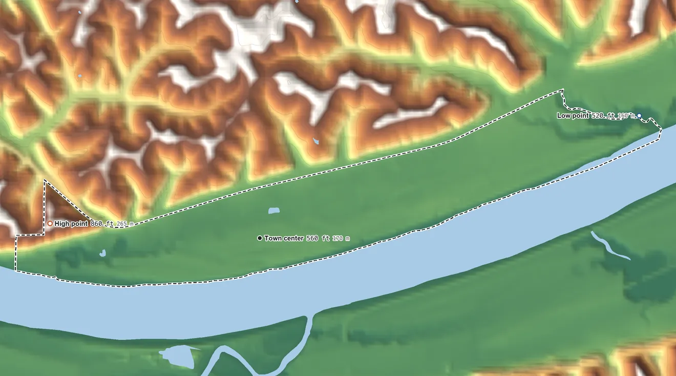 Topographic elevation map of Burlington, Ohio, shaded from 520 ft on the east side to 860 ft on the west side