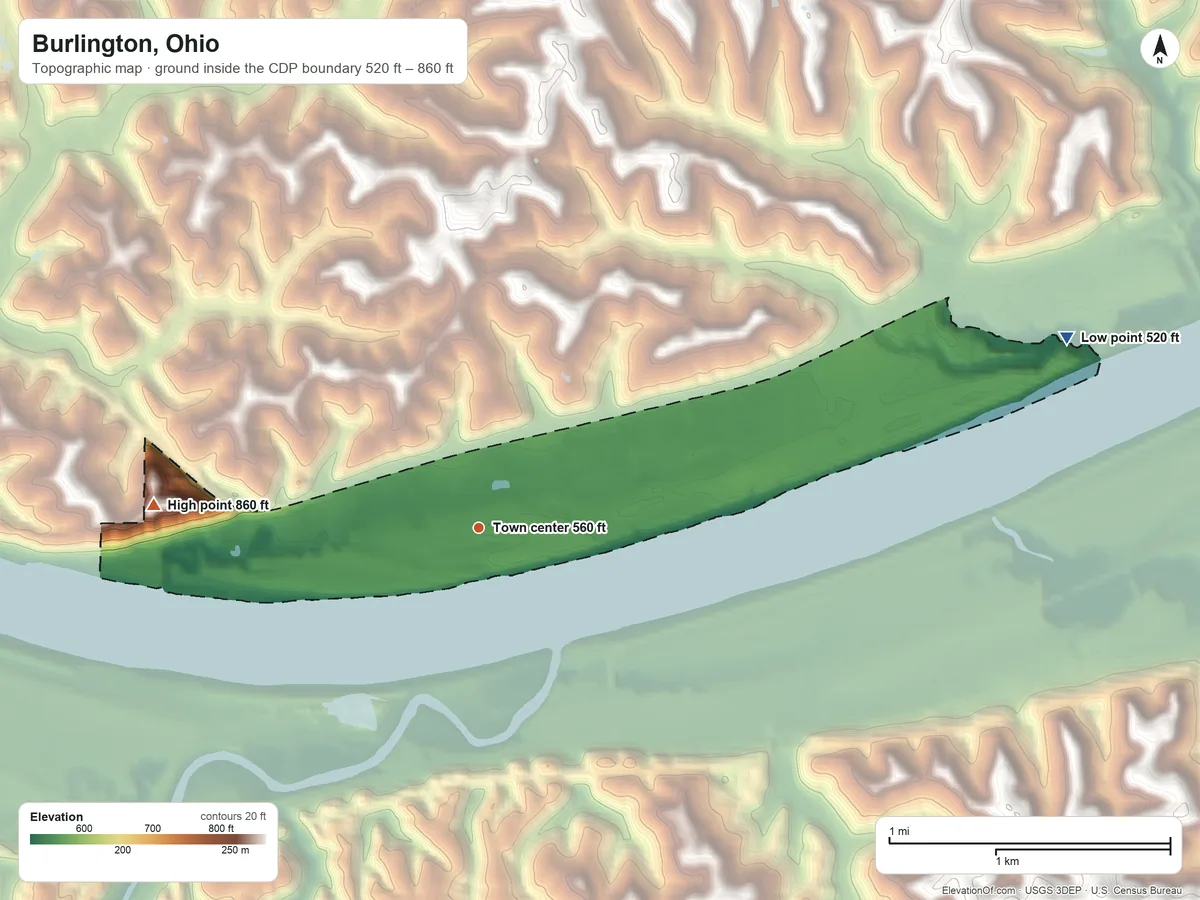 Topographic elevation map of Burlington, Ohio, shaded from 520 ft on the east side to 860 ft on the west side