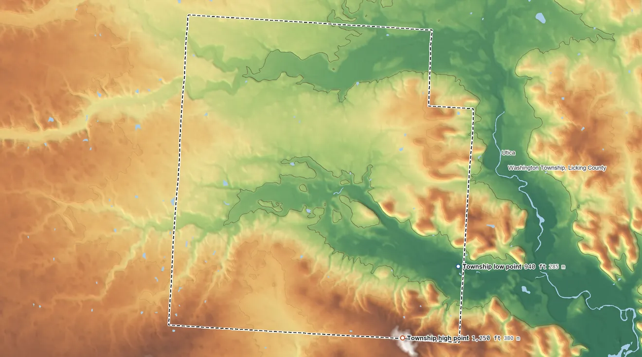 Topographic elevation map of Burlington Township, Ohio, shaded from 940 ft on the southeast side to 1,250 ft on the southeast side