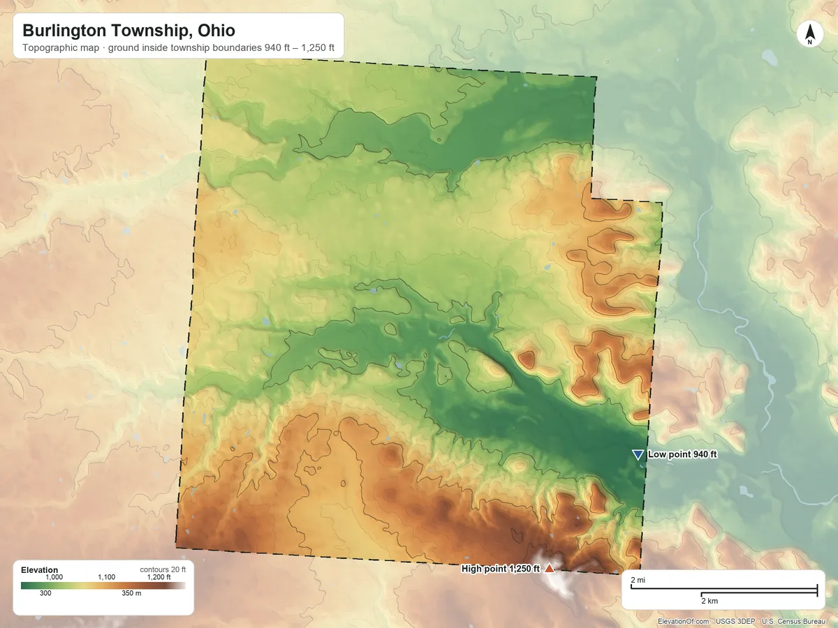 Topographic elevation map of Burlington Township, Ohio, shaded from 940 ft on the southeast side to 1,250 ft on the southeast side