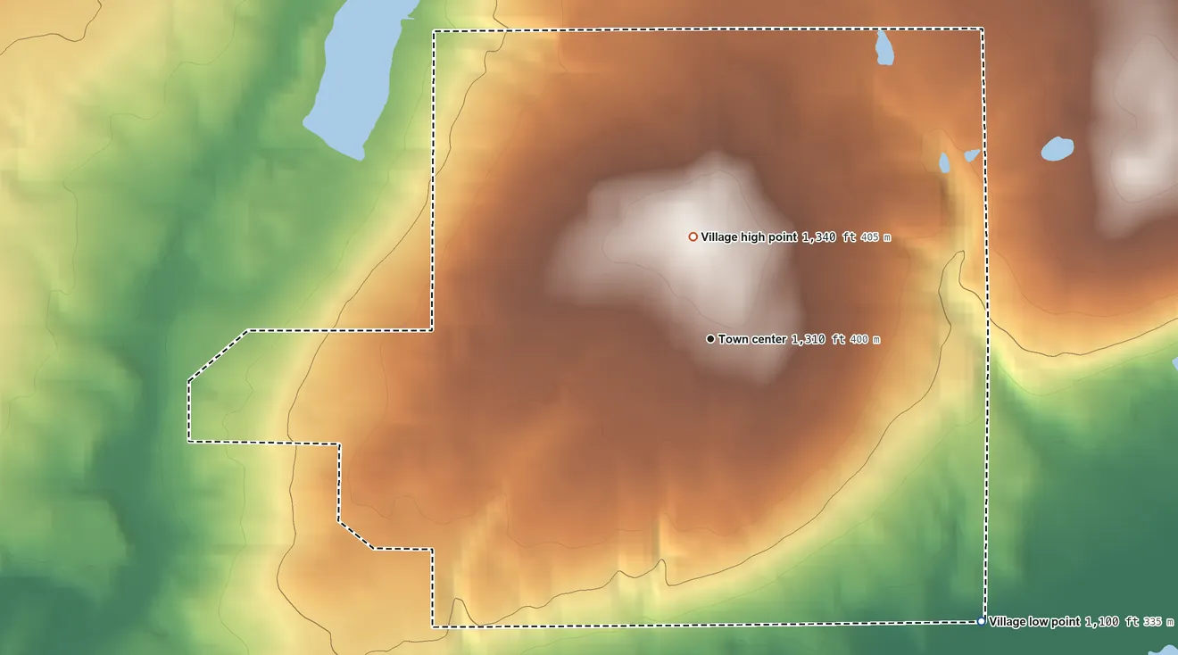 Topographic elevation map of Burton, Ohio, shaded from 1,100 ft on the southeast side to 1,340 ft on the north side