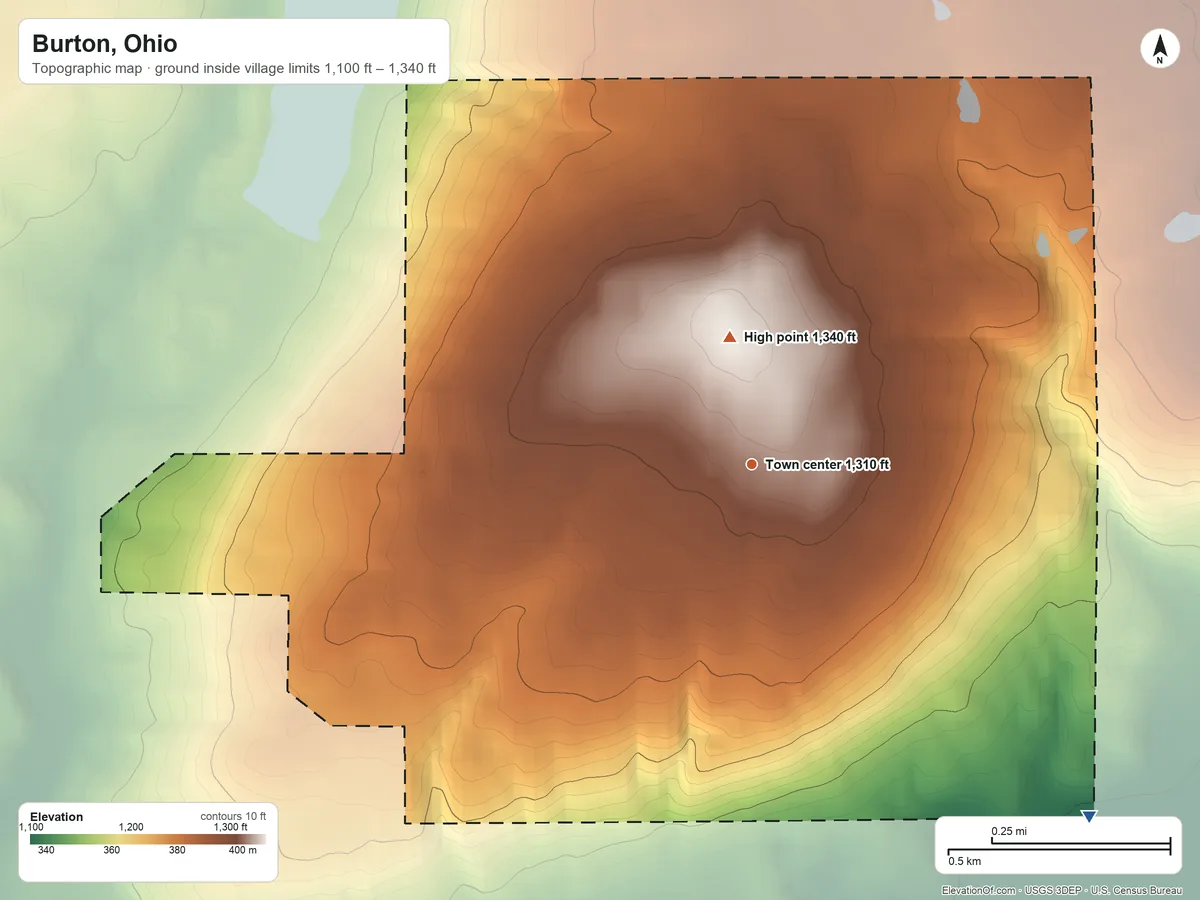 Topographic elevation map of Burton, Ohio, shaded from 1,100 ft on the southeast side to 1,340 ft on the north side