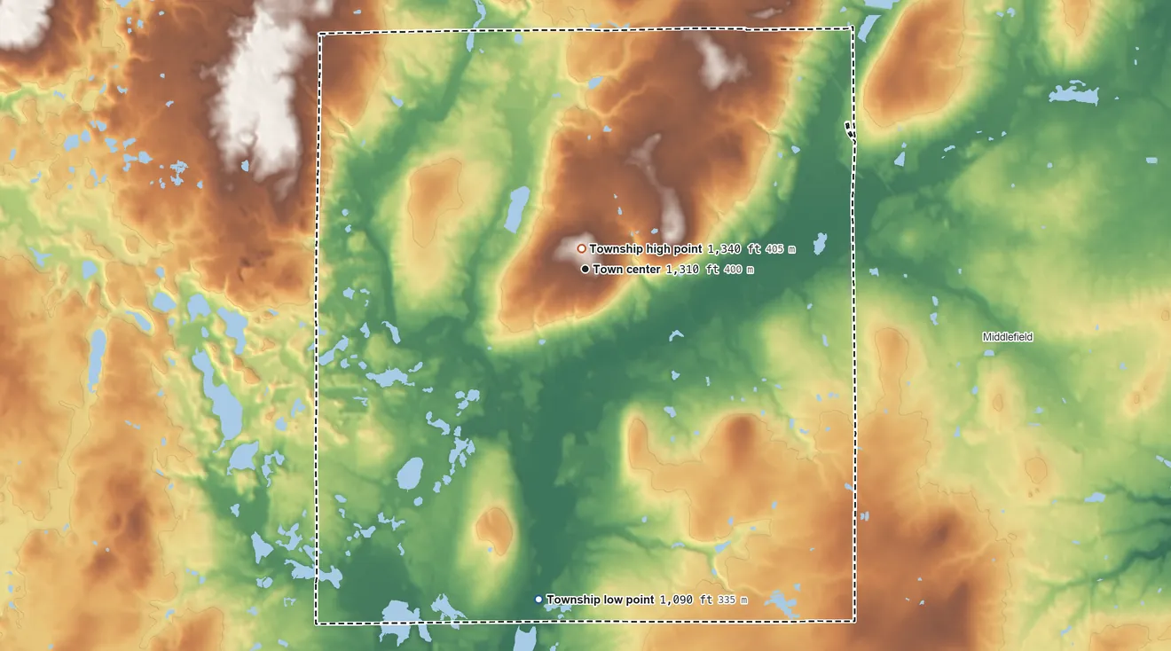 Topographic elevation map of Burton Township, Ohio, shaded from 1,090 ft on the south side to 1,340 ft near the middle