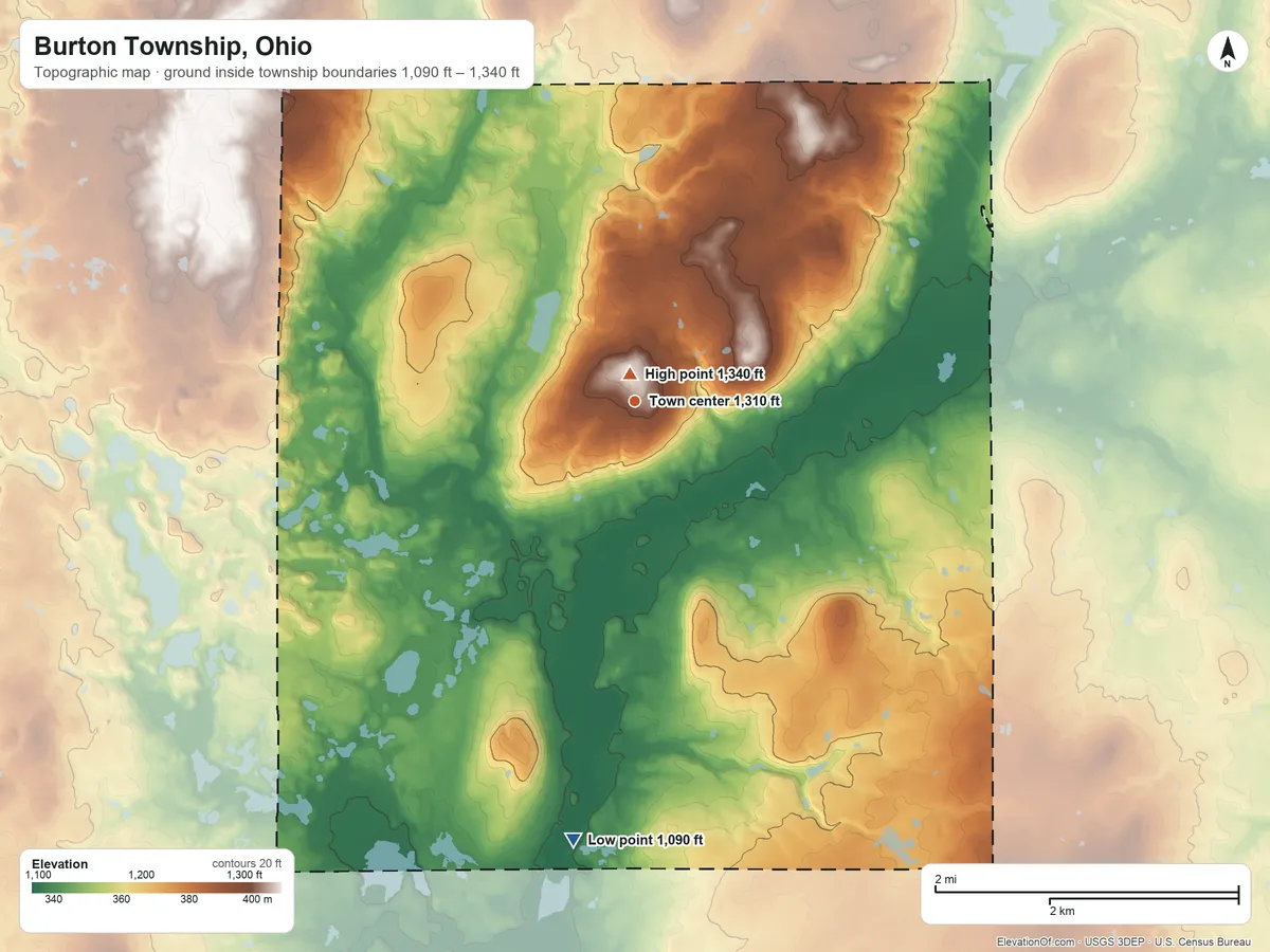 Topographic elevation map of Burton Township, Ohio, shaded from 1,090 ft on the south side to 1,340 ft near the middle