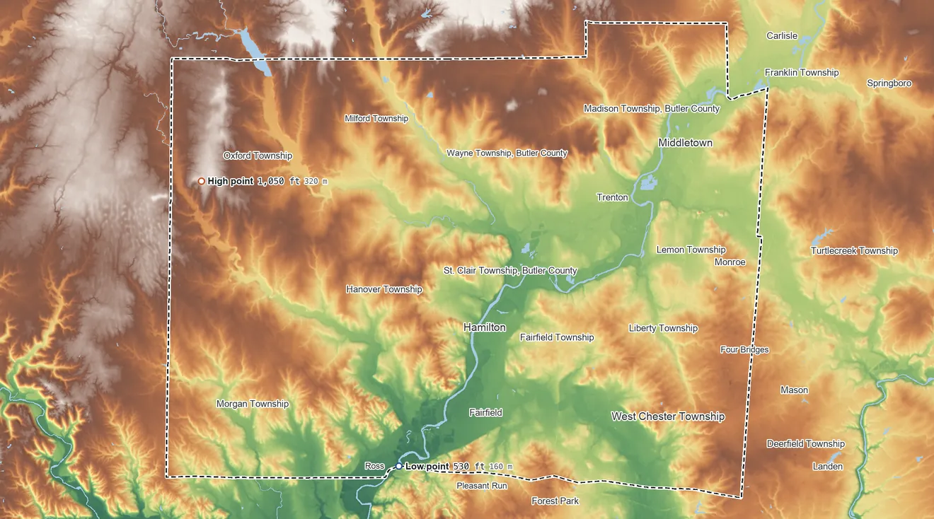 Topographic elevation map of Butler County, Ohio, shaded from 530 ft on the south side to 1,050 ft on the west side