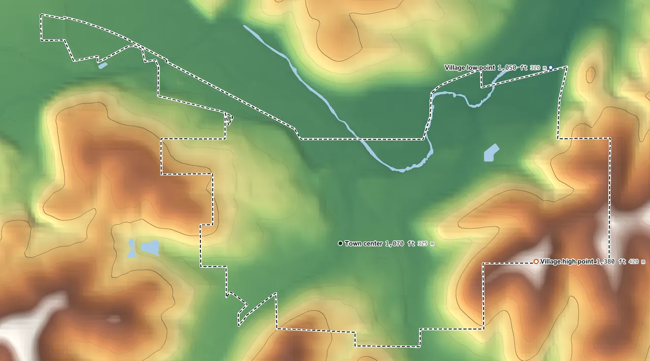 Topographic elevation map of Butler, Ohio, shaded from 1,050 ft on the northeast side to 1,380 ft on the east side
