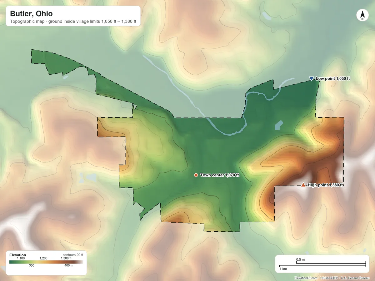 Topographic elevation map of Butler, Ohio, shaded from 1,050 ft on the northeast side to 1,380 ft on the east side