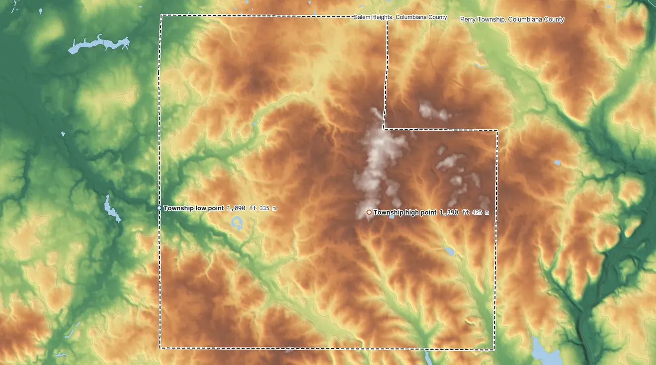 Topographic elevation map of Butler Township, Columbiana County, Ohio, shaded from 1,090 ft on the southwest side to 1,390 ft on the southeast side