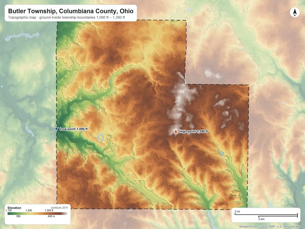 Topographic elevation map of Butler Township, Columbiana County, Ohio, shaded from 1,090 ft on the southwest side to 1,390 ft on the southeast side