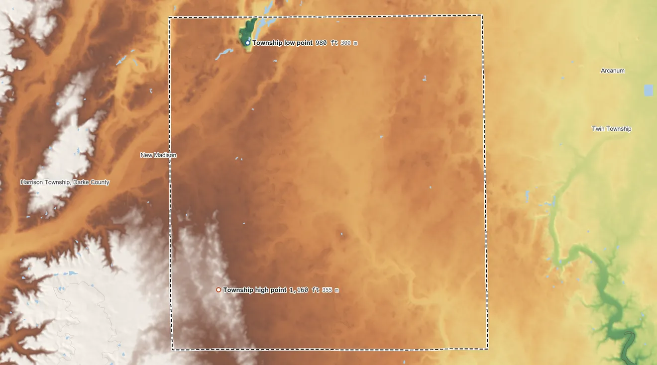 Topographic elevation map of Butler Township, Darke County, Ohio, shaded from 980 ft on the northwest side to 1,160 ft on the southwest side