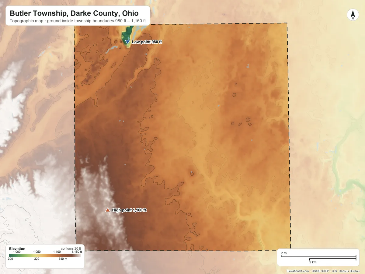 Topographic elevation map of Butler Township, Darke County, Ohio, shaded from 980 ft on the northwest side to 1,160 ft on the southwest side
