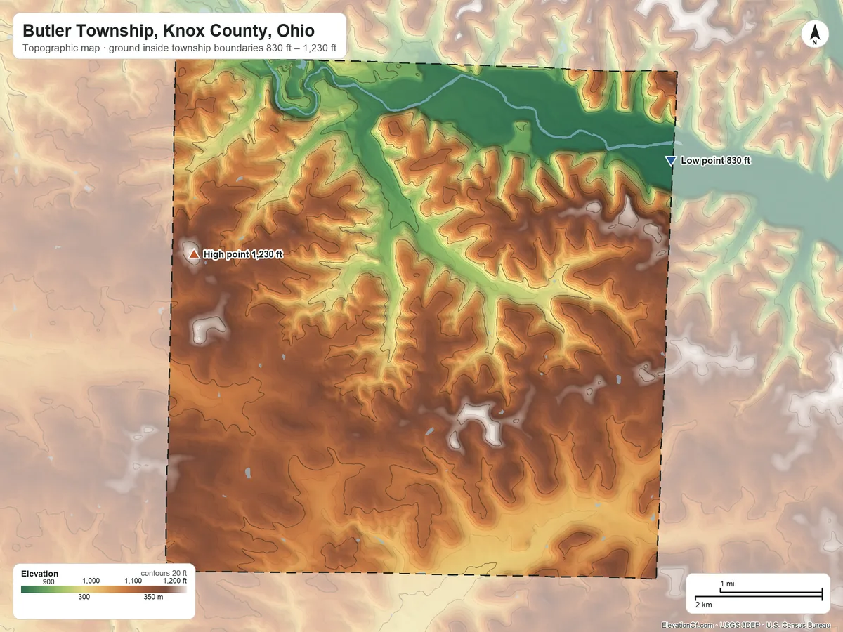 Topographic elevation map of Butler Township, Knox County, Ohio, shaded from 830 ft on the northeast side to 1,230 ft on the west side