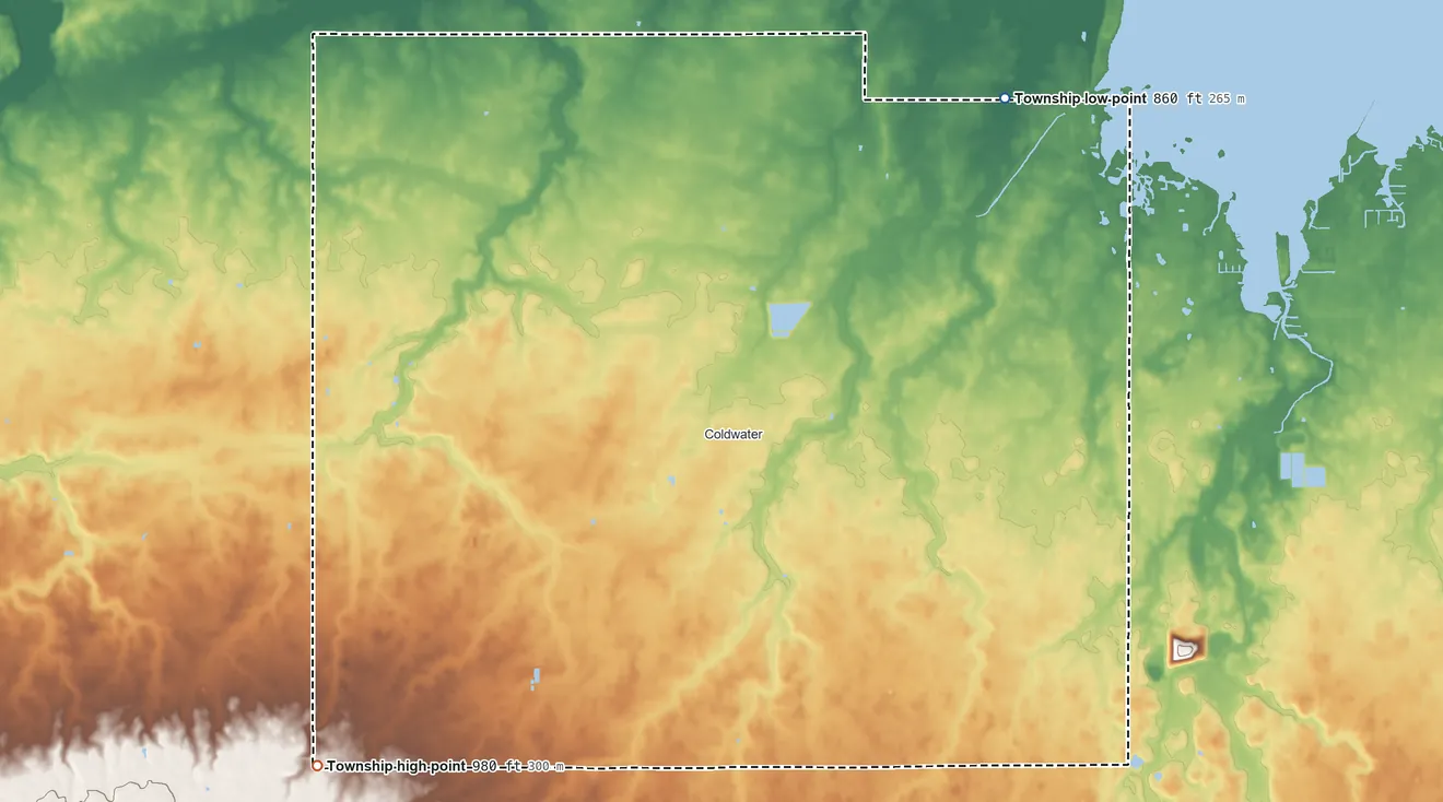 Topographic elevation map of Butler Township, Mercer County, Ohio, shaded from 860 ft on the northeast side to 980 ft on the southwest side
