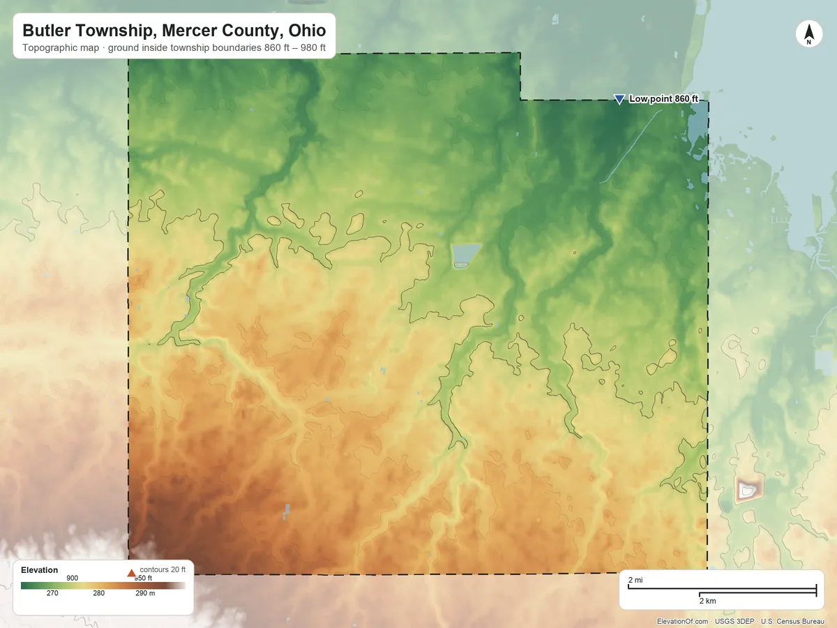 Topographic elevation map of Butler Township, Mercer County, Ohio, shaded from 860 ft on the northeast side to 980 ft on the southwest side