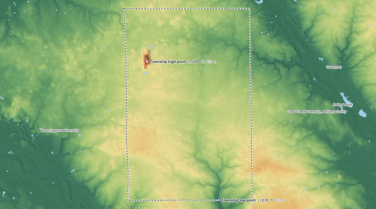 Topographic elevation map of Butler Township, Richland County, Ohio, shaded from 1,070 ft on the south side to 1,400 ft on the northwest side