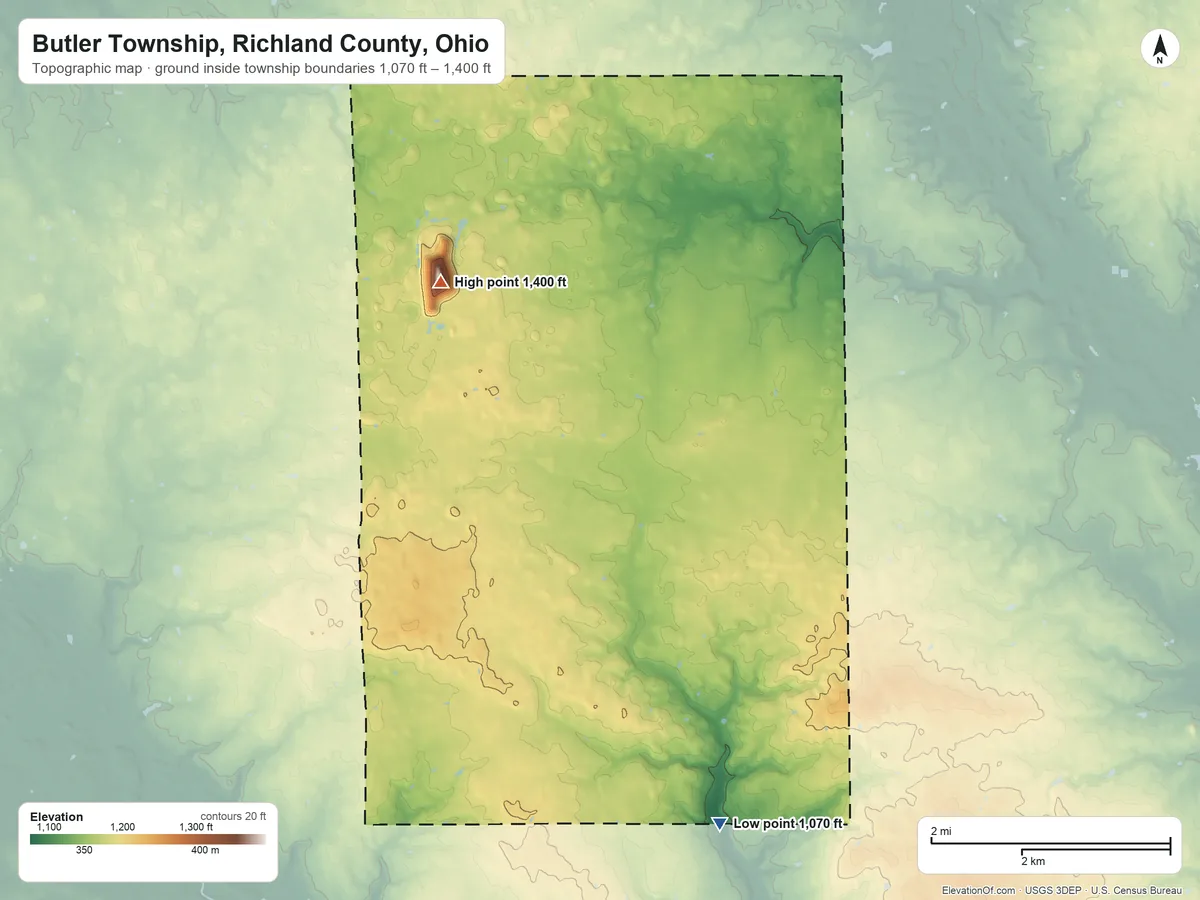 Topographic elevation map of Butler Township, Richland County, Ohio, shaded from 1,070 ft on the south side to 1,400 ft on the northwest side