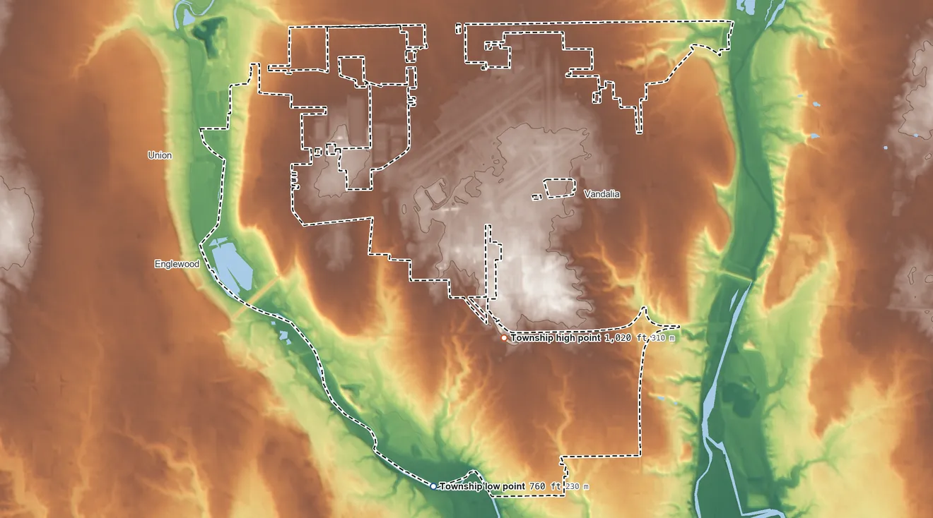 Topographic elevation map of Butler Township, Ohio, shaded from 760 ft on the southwest side to 1,020 ft near the middle
