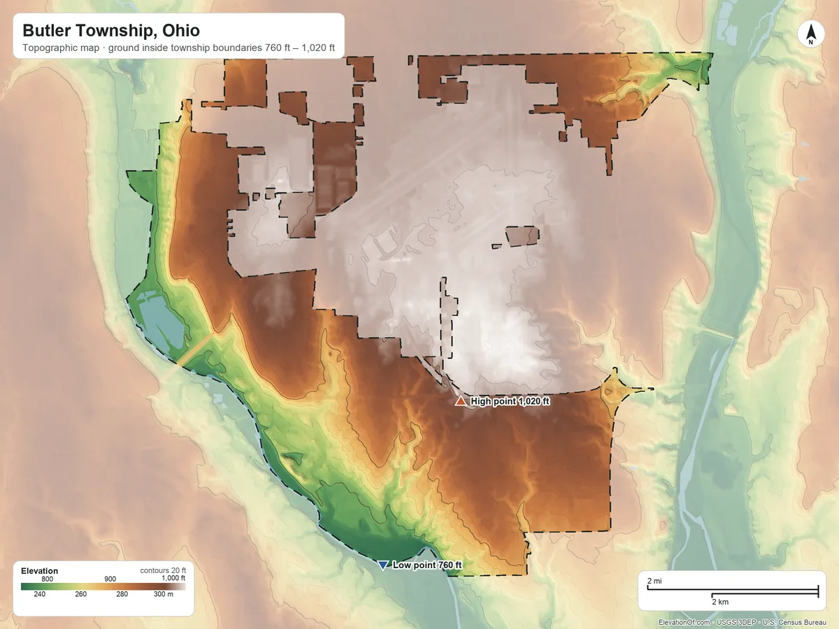 Topographic elevation map of Butler Township, Ohio, shaded from 760 ft on the southwest side to 1,020 ft near the middle