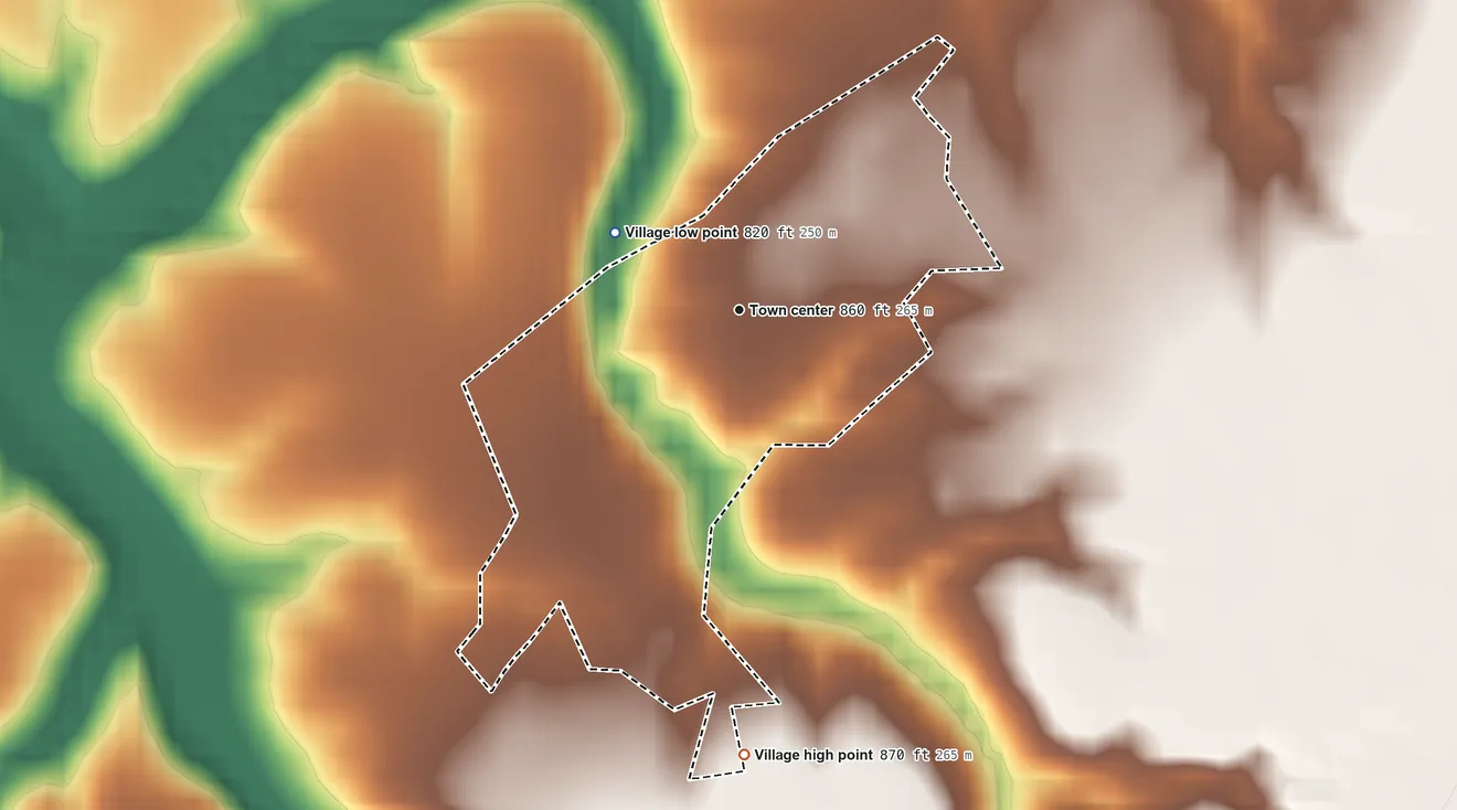 Topographic elevation map of Butlerville, Ohio, shaded from 820 ft on the northwest side to 870 ft on the south side
